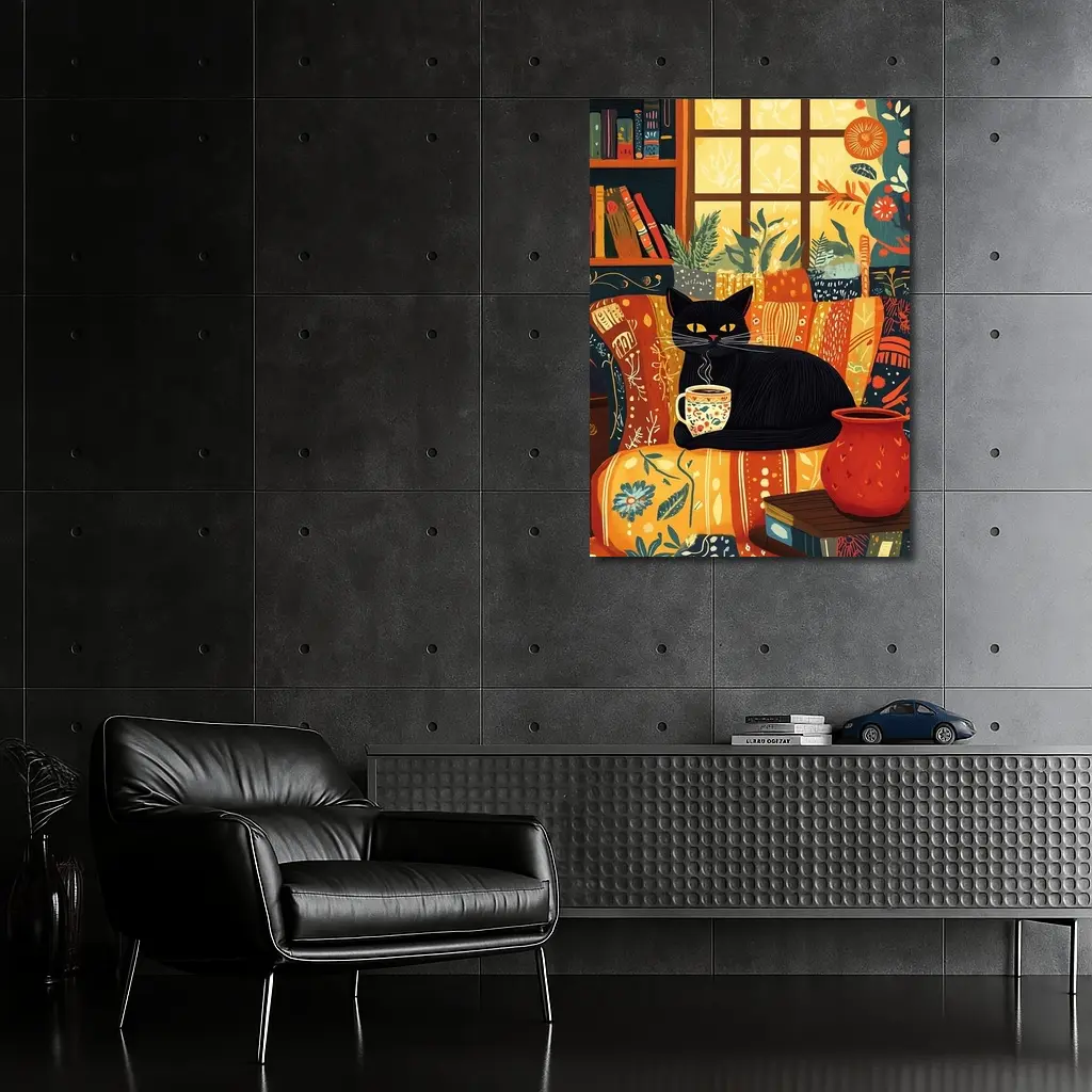 Black Cat Cozy Reading Room Illustration Art – Wall Art