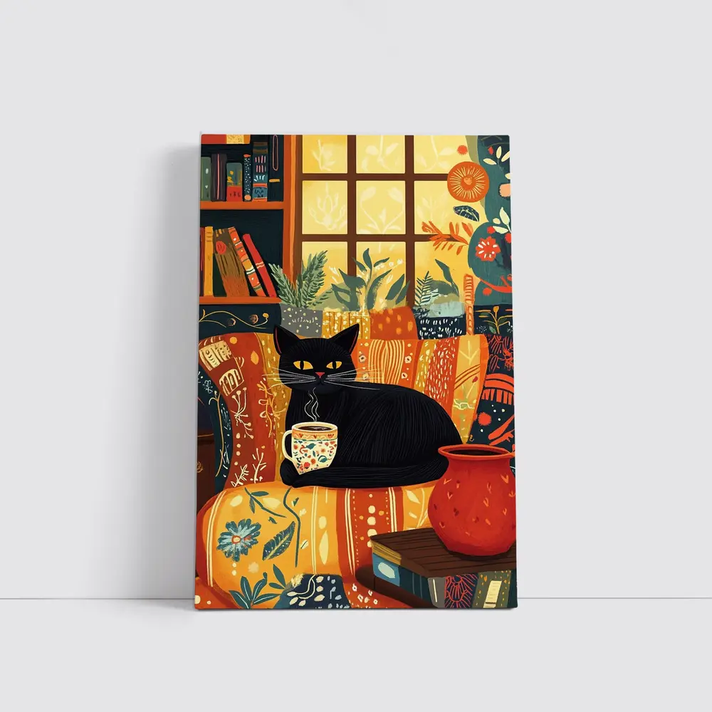 Black Cat Cozy Reading Room Illustration Art – Wall Art