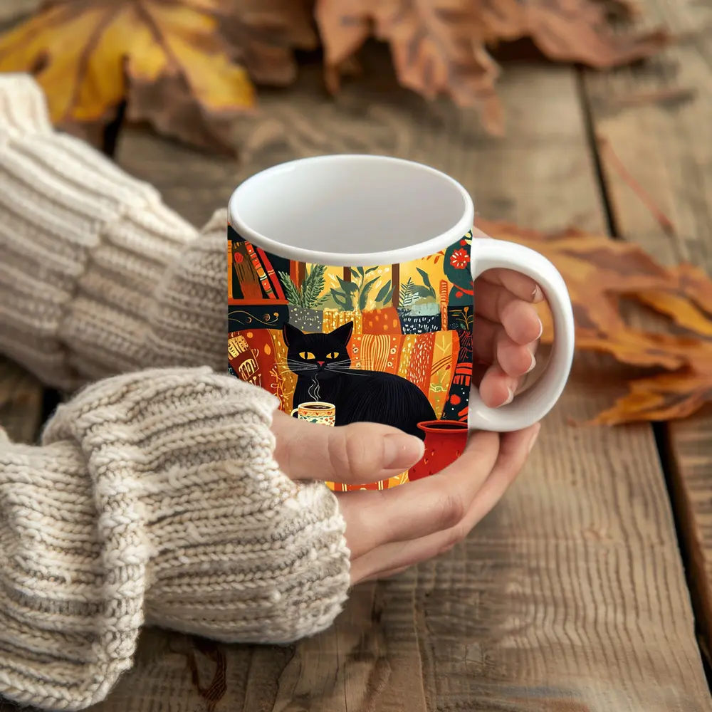 Black Cat Cozy Reading Room Illustration Art – Mugs