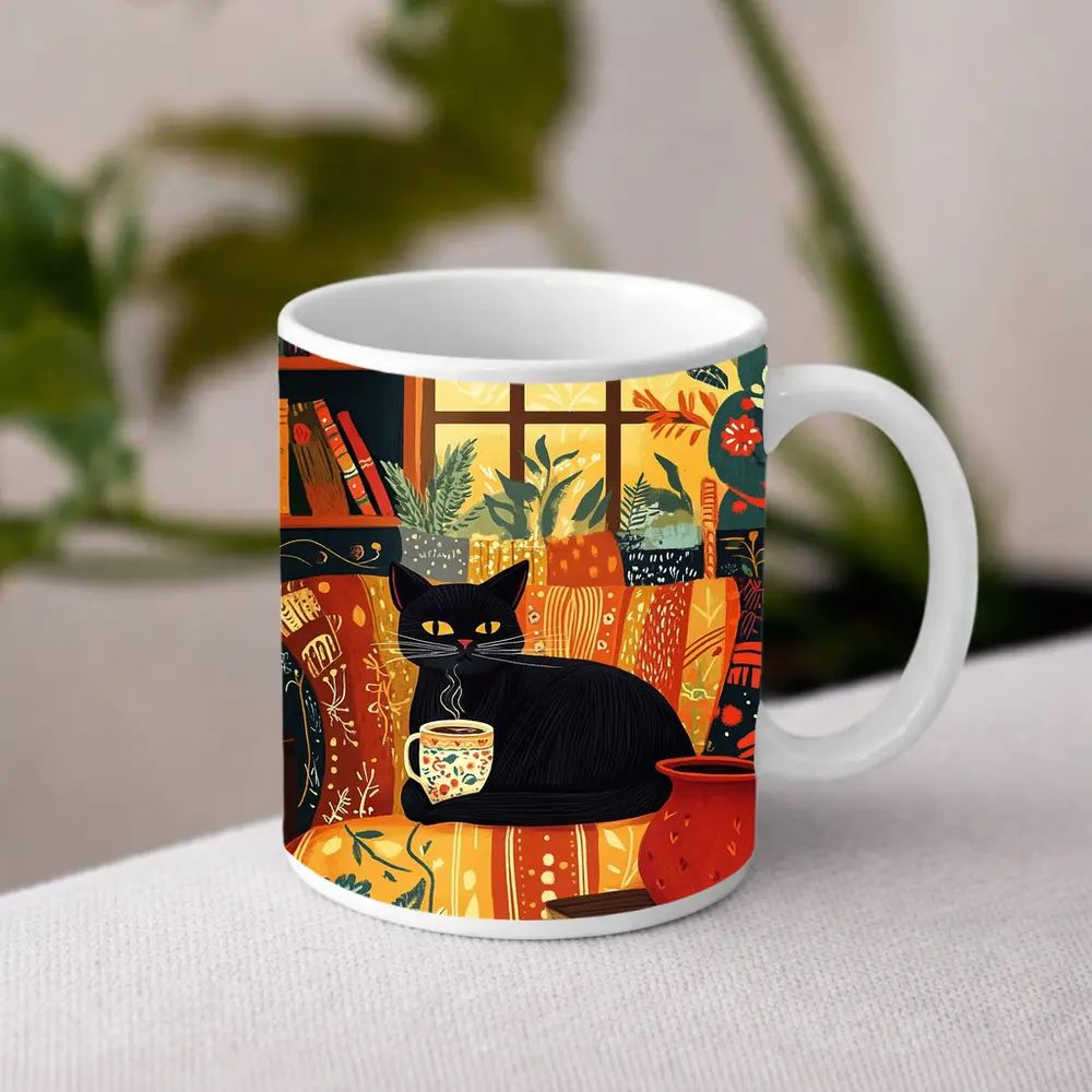 Black Cat Cozy Reading Room Illustration Art – Mugs