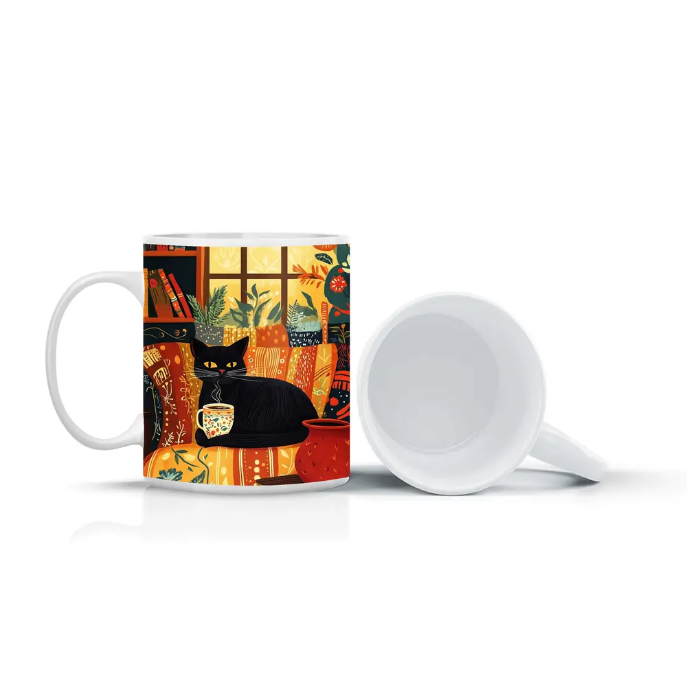 Black Cat Cozy Reading Room Illustration Art – Mugs