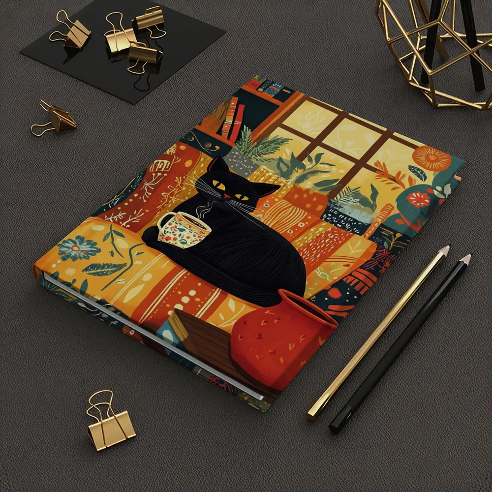 Black Cat Cozy Reading Room Illustration Art – Notebooks