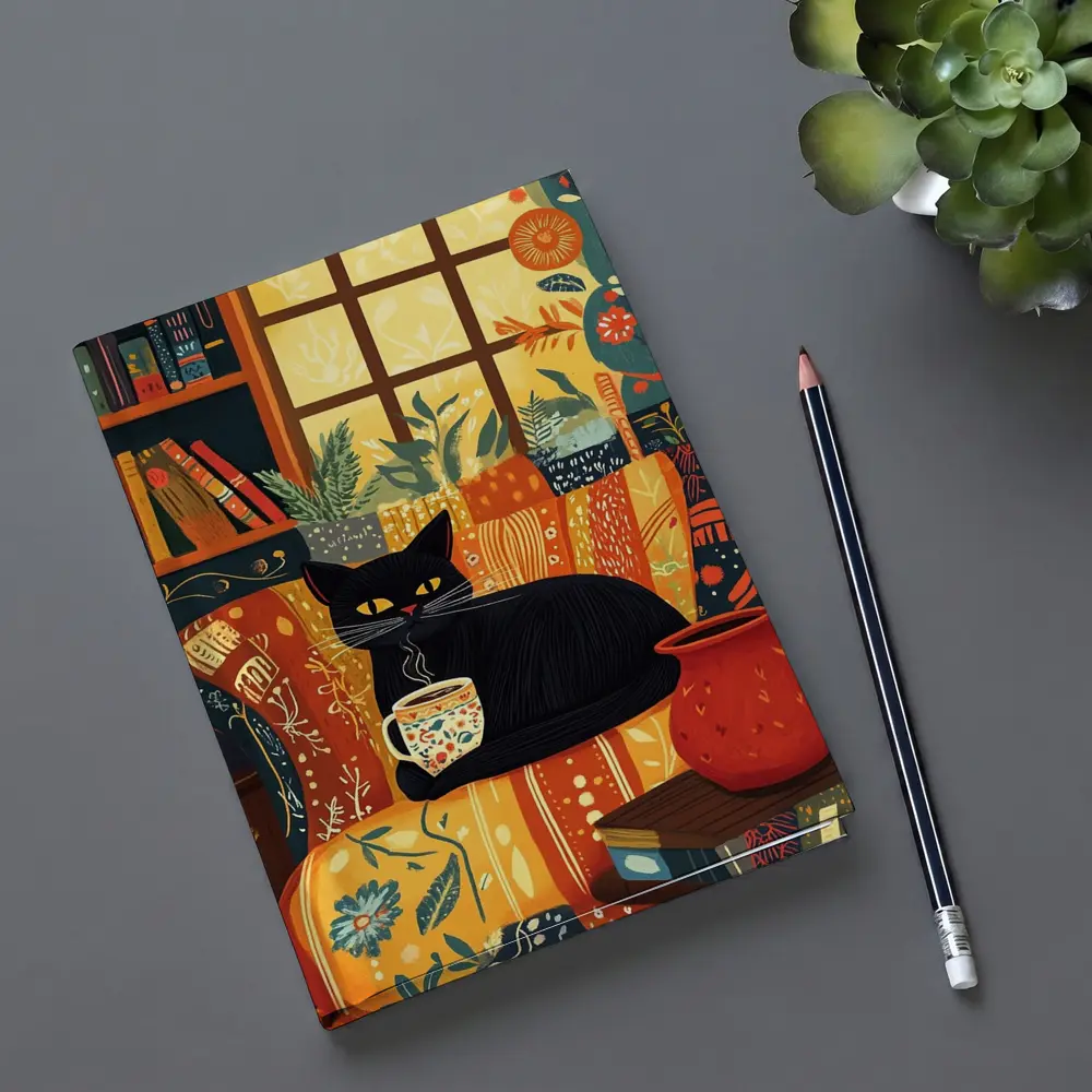 Black Cat Cozy Reading Room Illustration Art – Notebooks