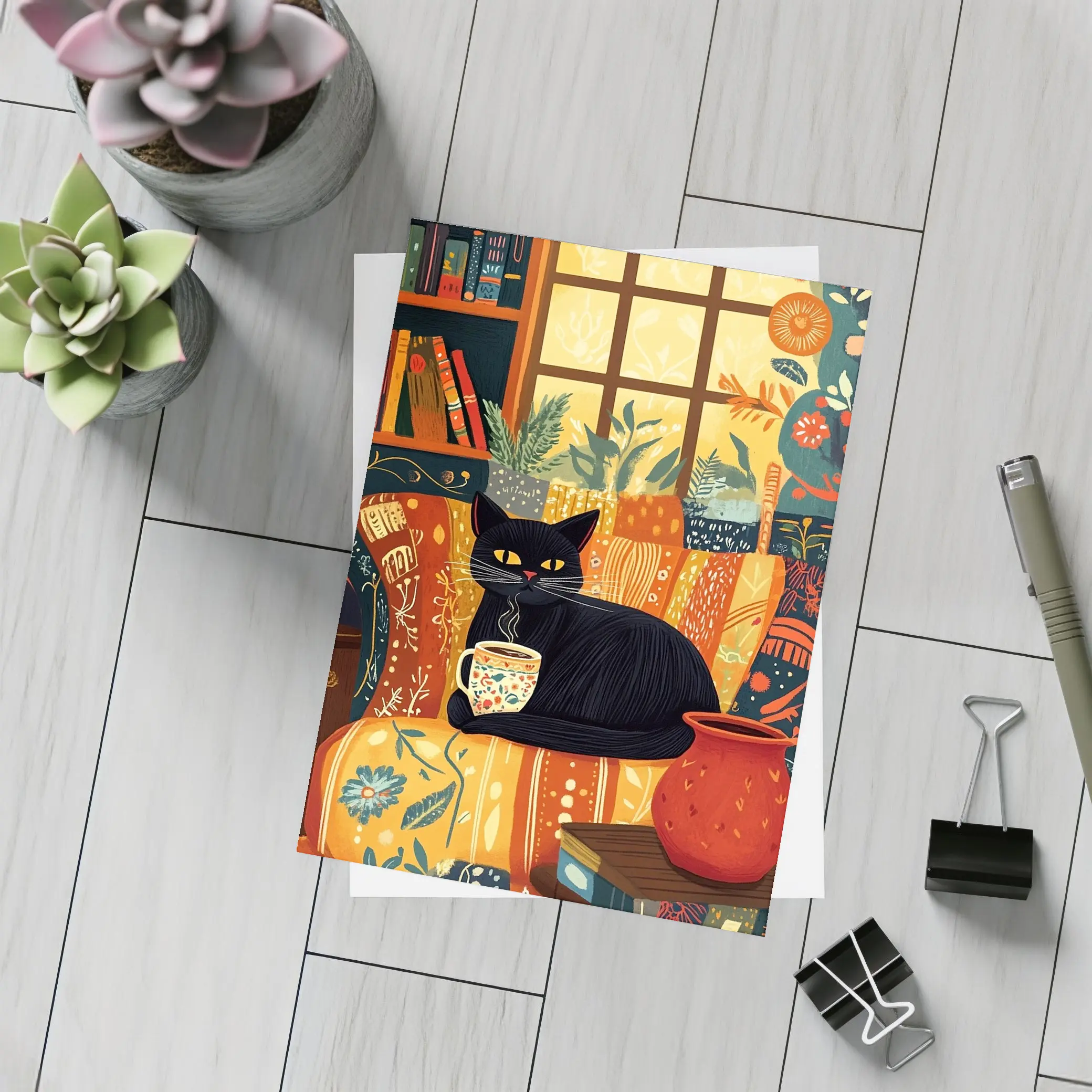 Black Cat Cozy Reading Room Illustration Art – Postcards