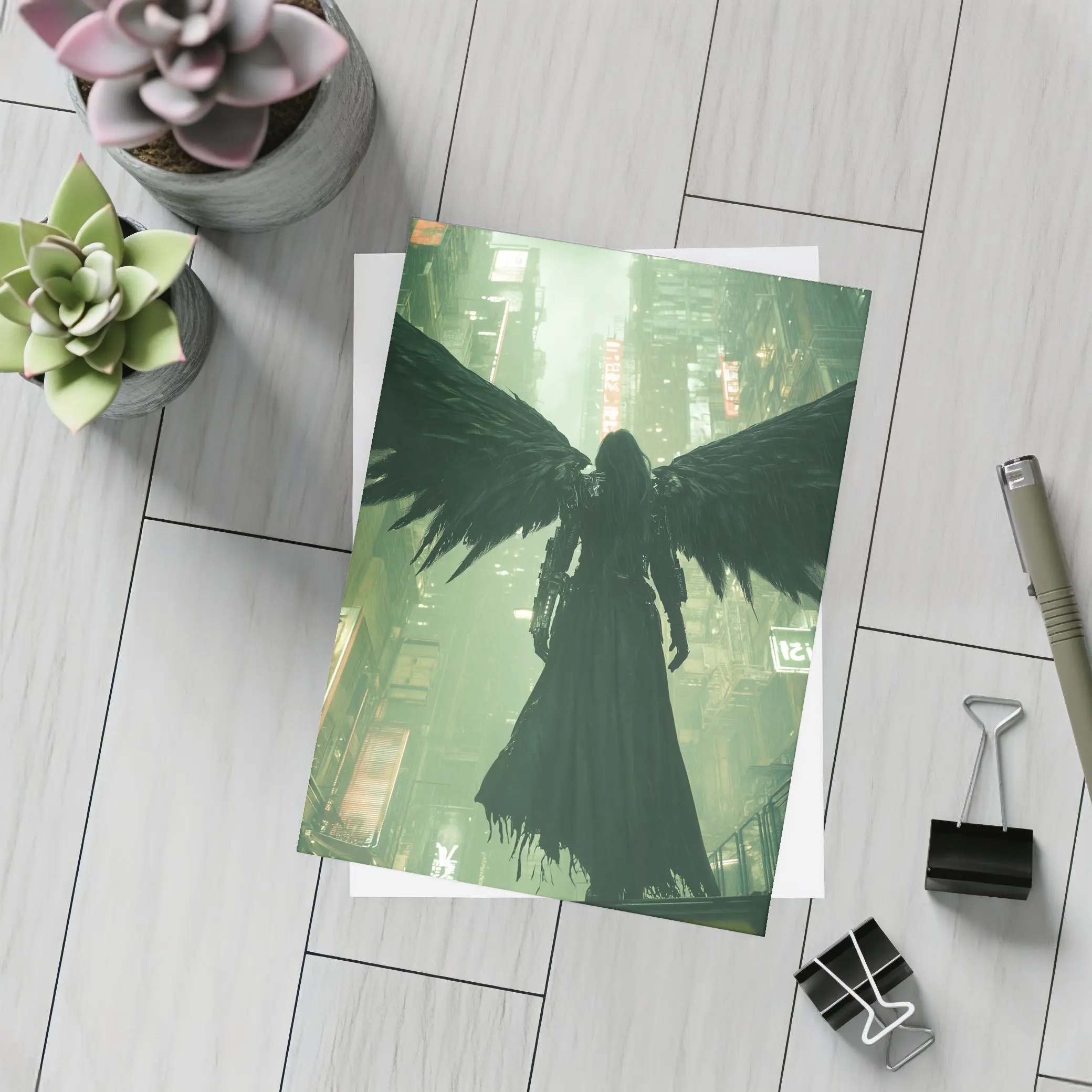 Dark Angel Black Wings Cyberpunk City – Postcards