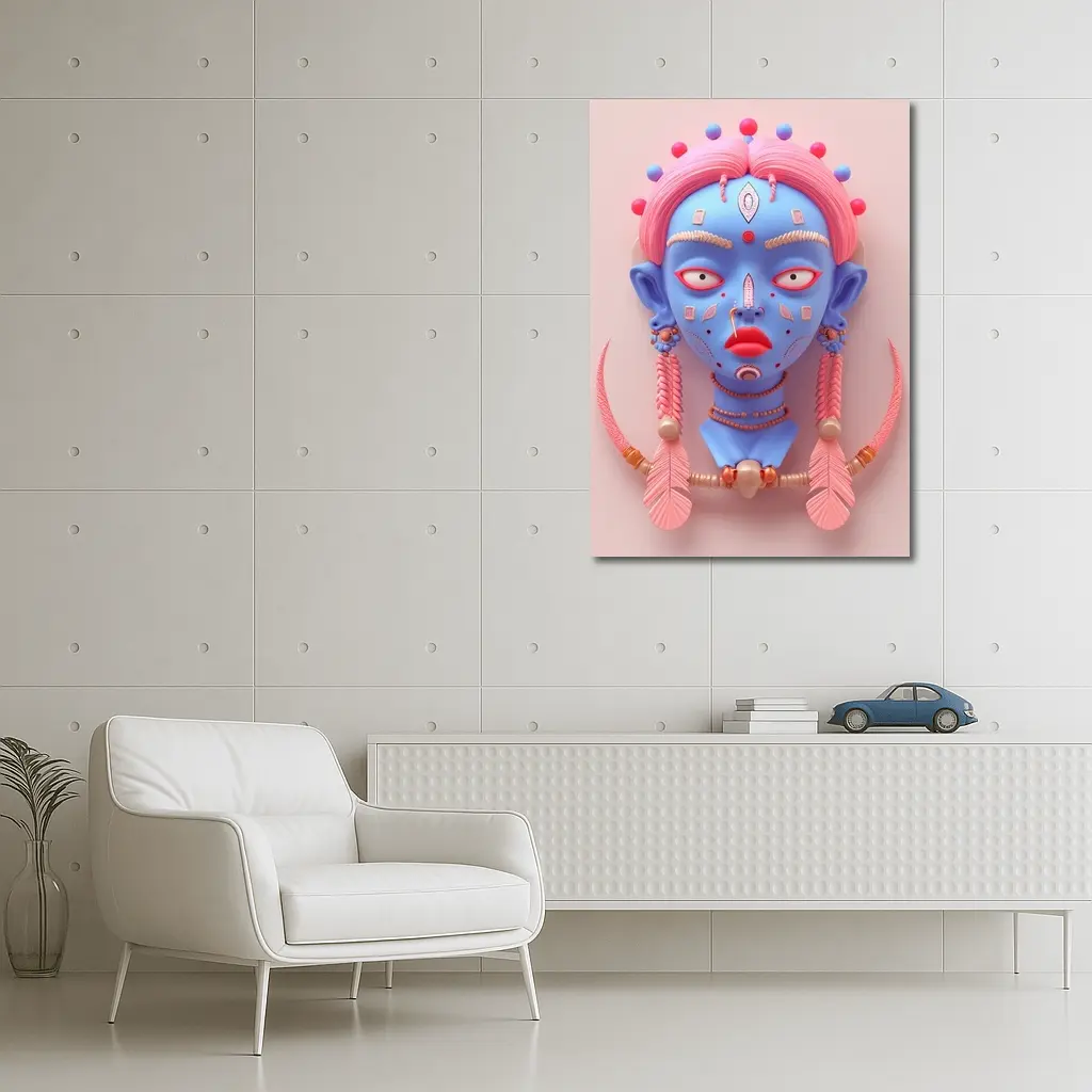 Blue Tribal Face Pink Feathers Abstract Art – Wall Art