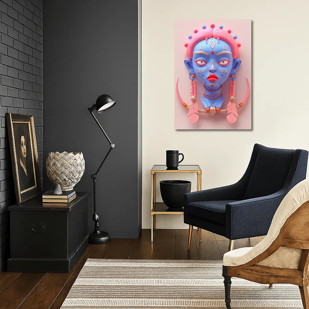 Blue Tribal Face Pink Feathers Abstract Art – Wall Art