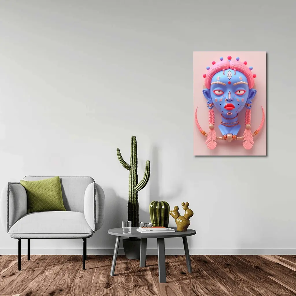 Blue Tribal Face Pink Feathers Abstract Art – Wall Art