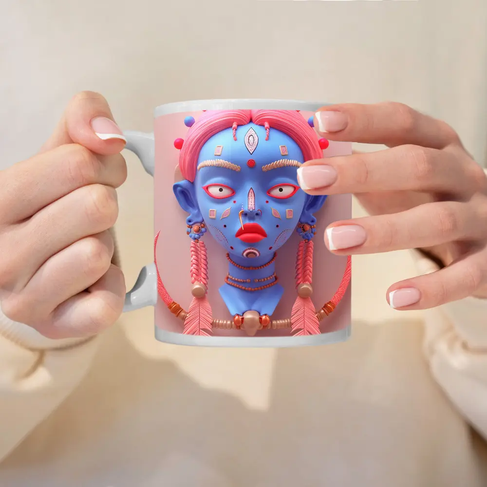 Blue Tribal Face Pink Feathers Abstract Art – Mugs