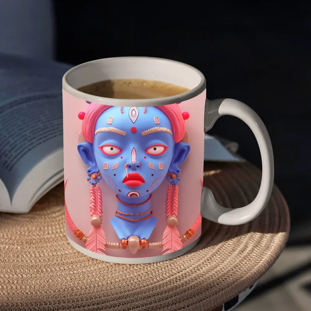Blue Tribal Face Pink Feathers Abstract Art – Mugs