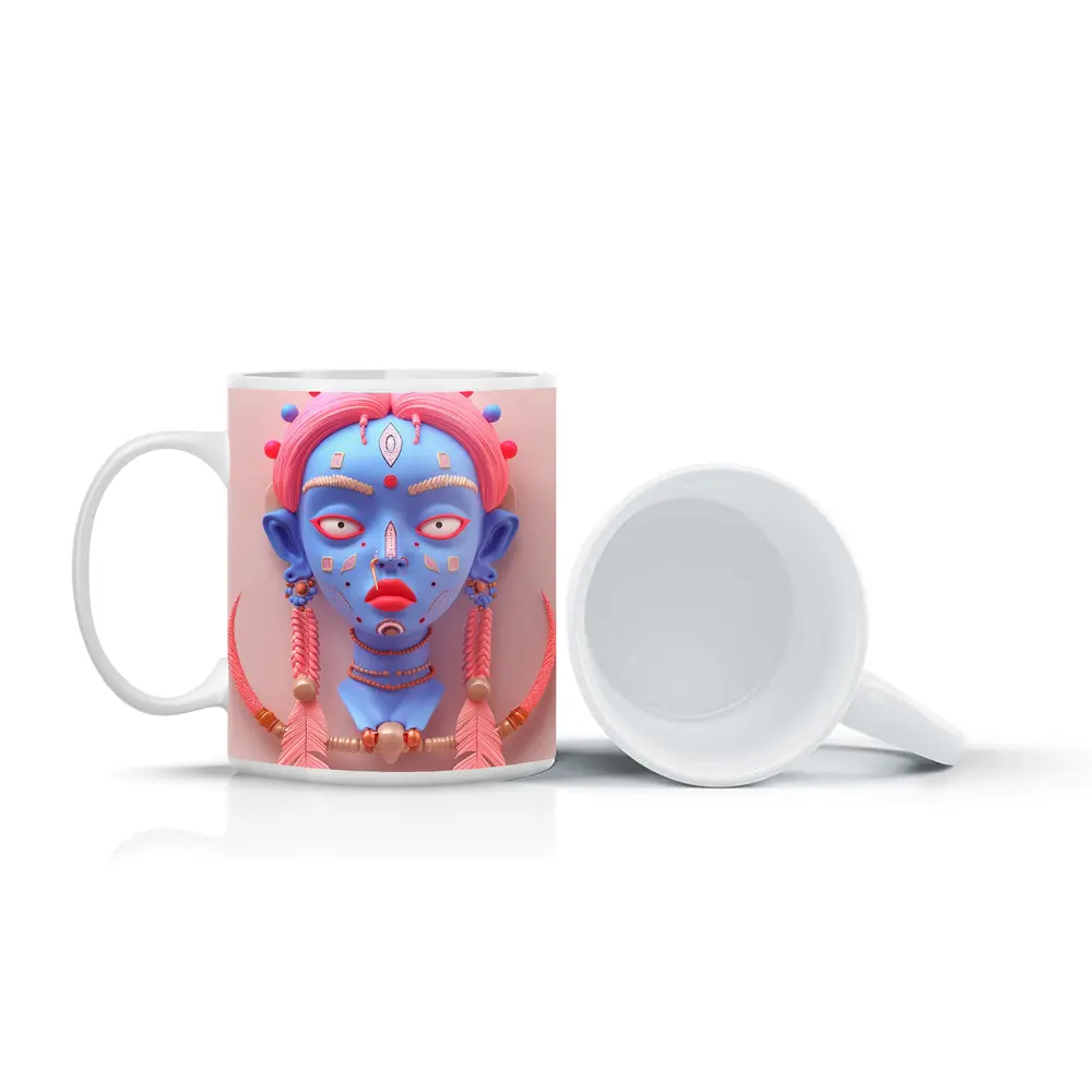 Blue Tribal Face Pink Feathers Abstract Art – Mugs