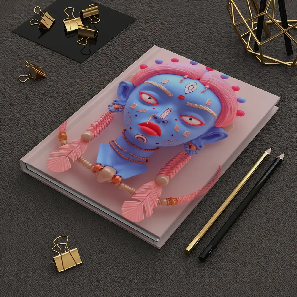 Blue Tribal Face Pink Feathers Abstract Art – Notebooks