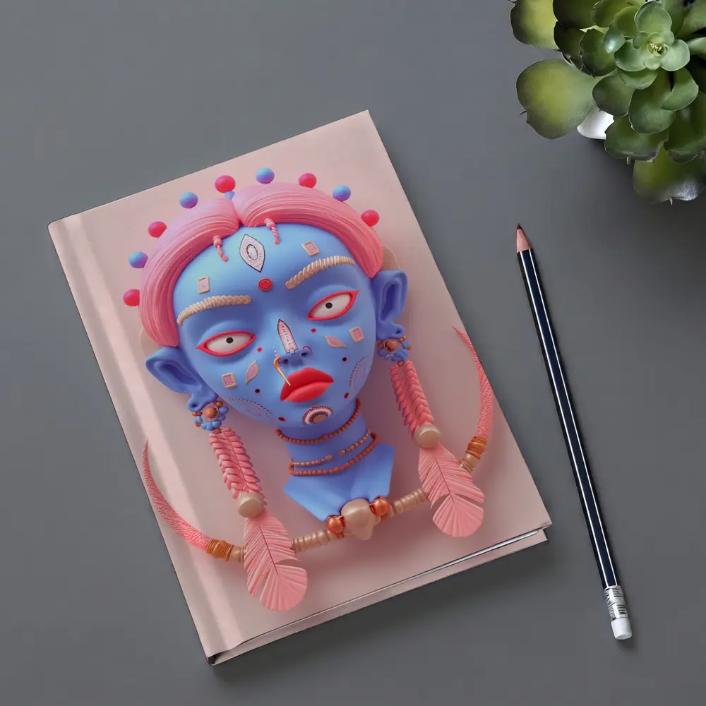 Blue Tribal Face Pink Feathers Abstract Art – Notebooks