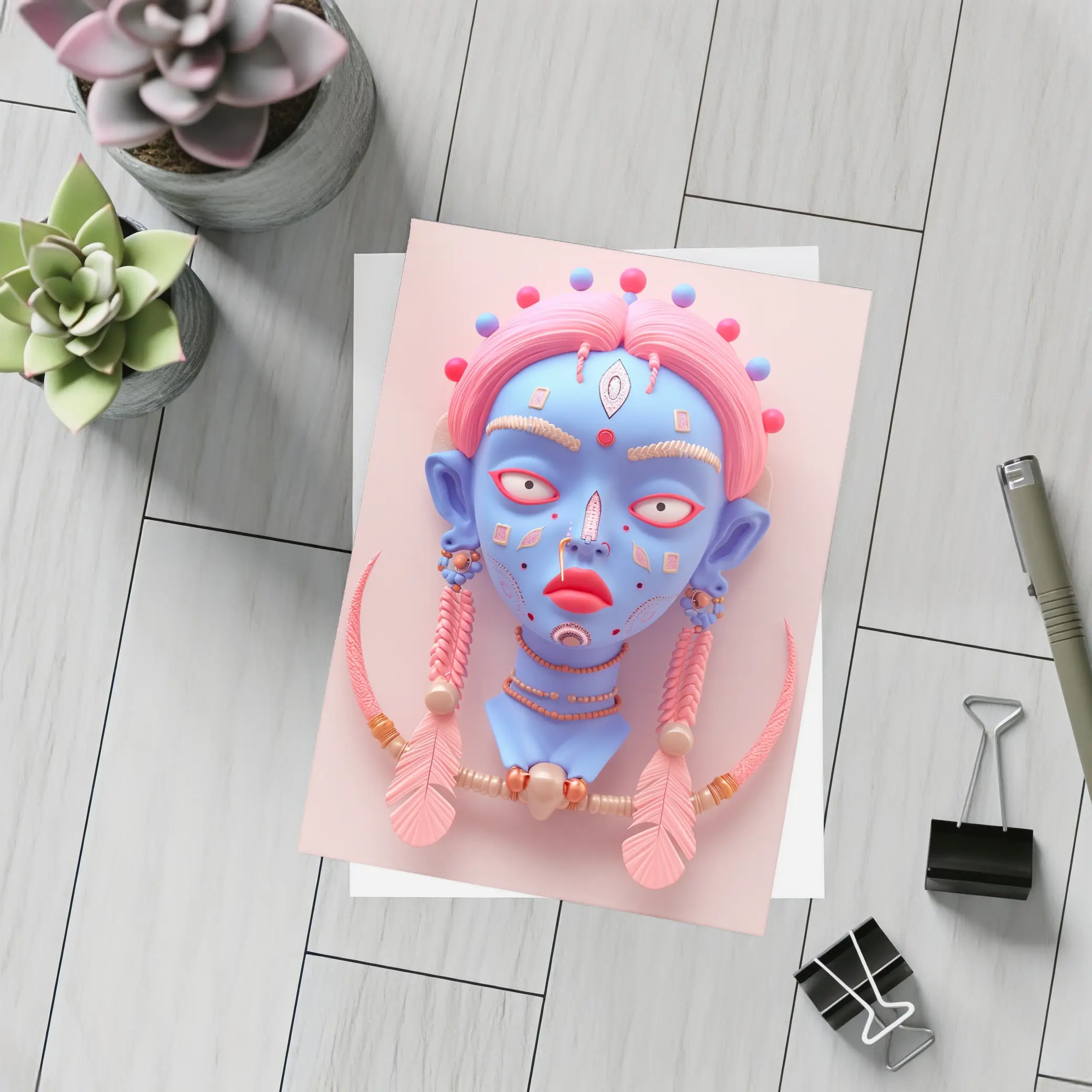 Blue Tribal Face Pink Feathers Abstract Art – Postcards