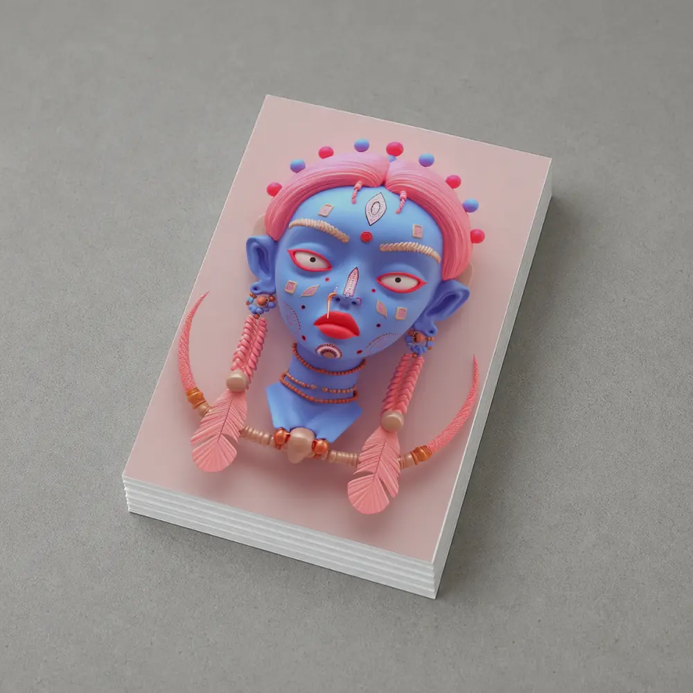 Blue Tribal Face Pink Feathers Abstract Art – Postcards