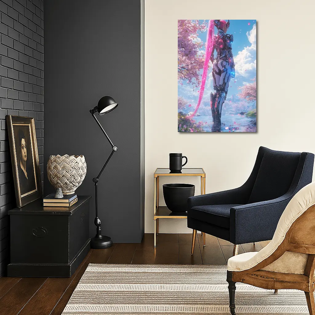 Cyberpunk Robot Girl Cherry Blossom Garden – Wall Art
