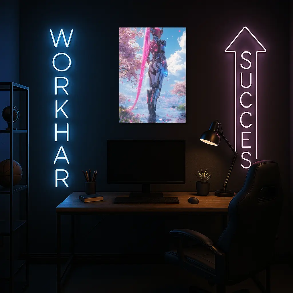 Cyberpunk Robot Girl Cherry Blossom Garden – Wall Art