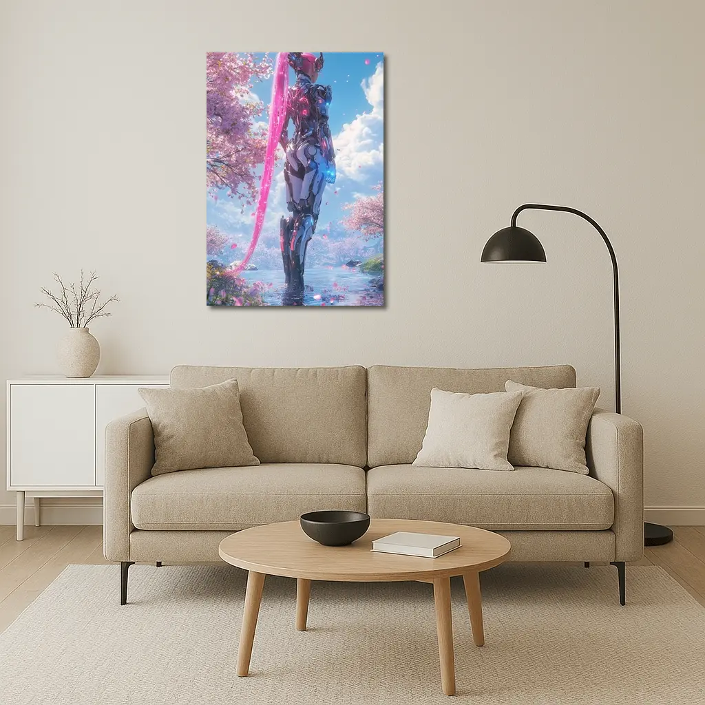 Cyberpunk Robot Girl Cherry Blossom Garden – Wall Art