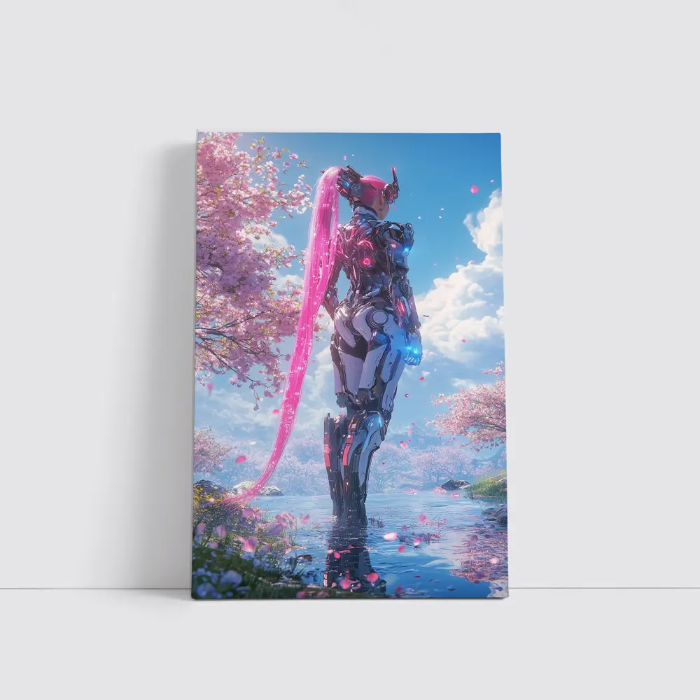 Cyberpunk Robot Girl Cherry Blossom Garden – Wall Art