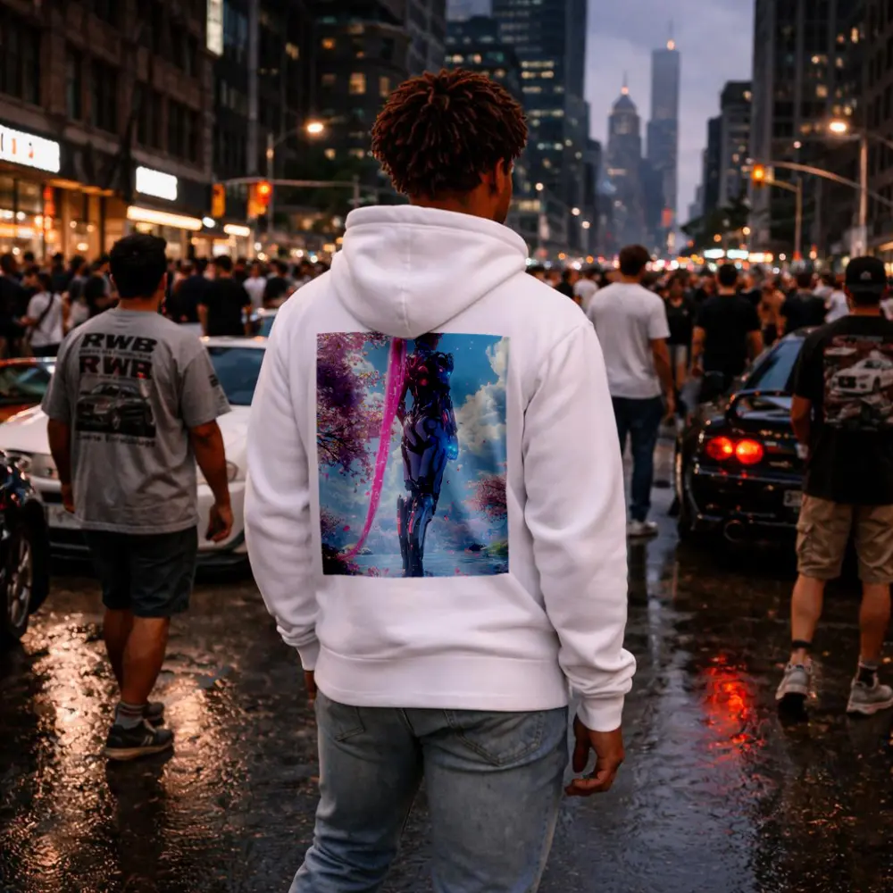 Cyberpunk Robot Girl Cherry Blossom Garden – Hoodies