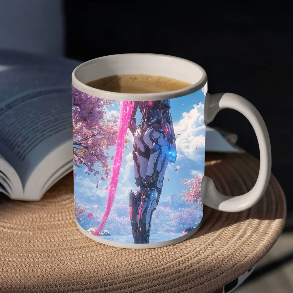 Cyberpunk Robot Girl Cherry Blossom Garden – Mugs