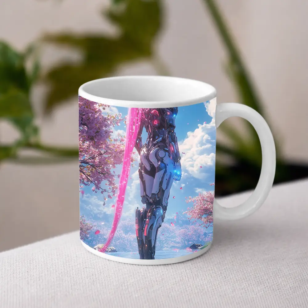 Cyberpunk Robot Girl Cherry Blossom Garden – Mugs