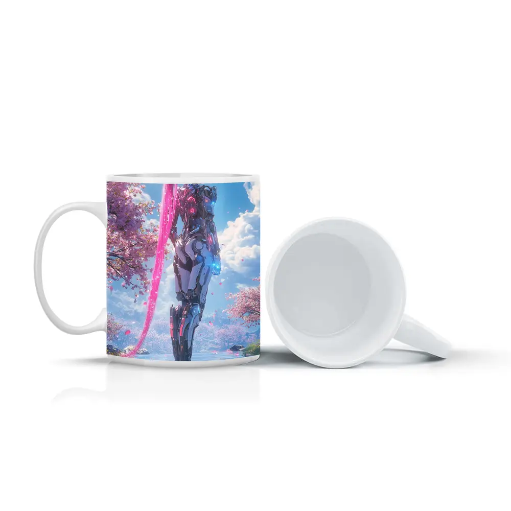 Cyberpunk Robot Girl Cherry Blossom Garden – Mugs