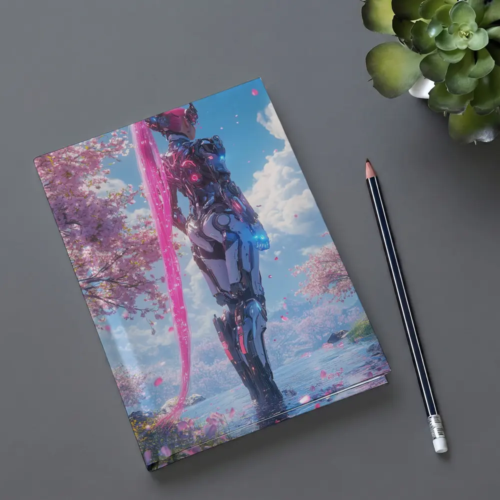 Cyberpunk Robot Girl Cherry Blossom Garden – Notebooks