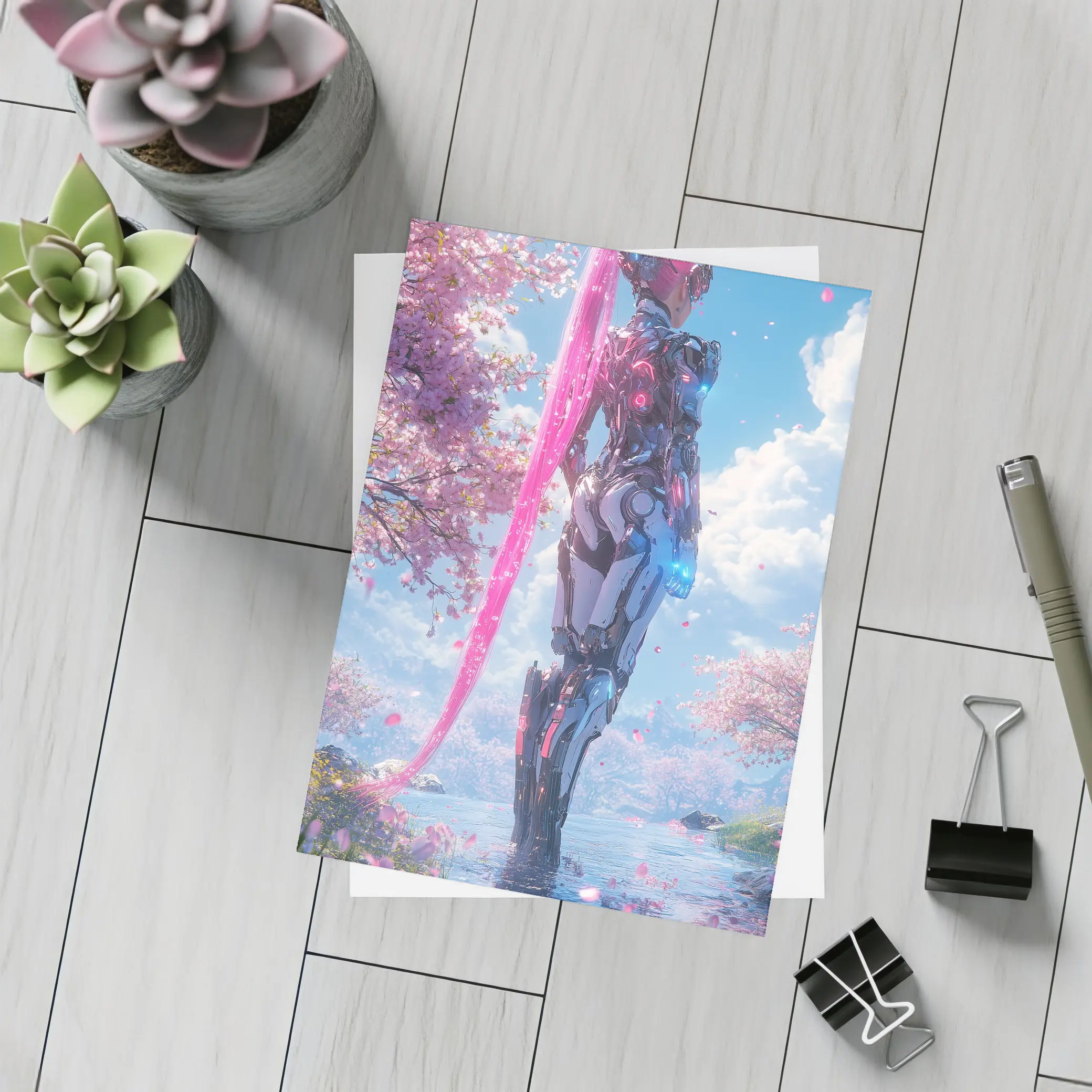 Cyberpunk Robot Girl Cherry Blossom Garden – Postcards