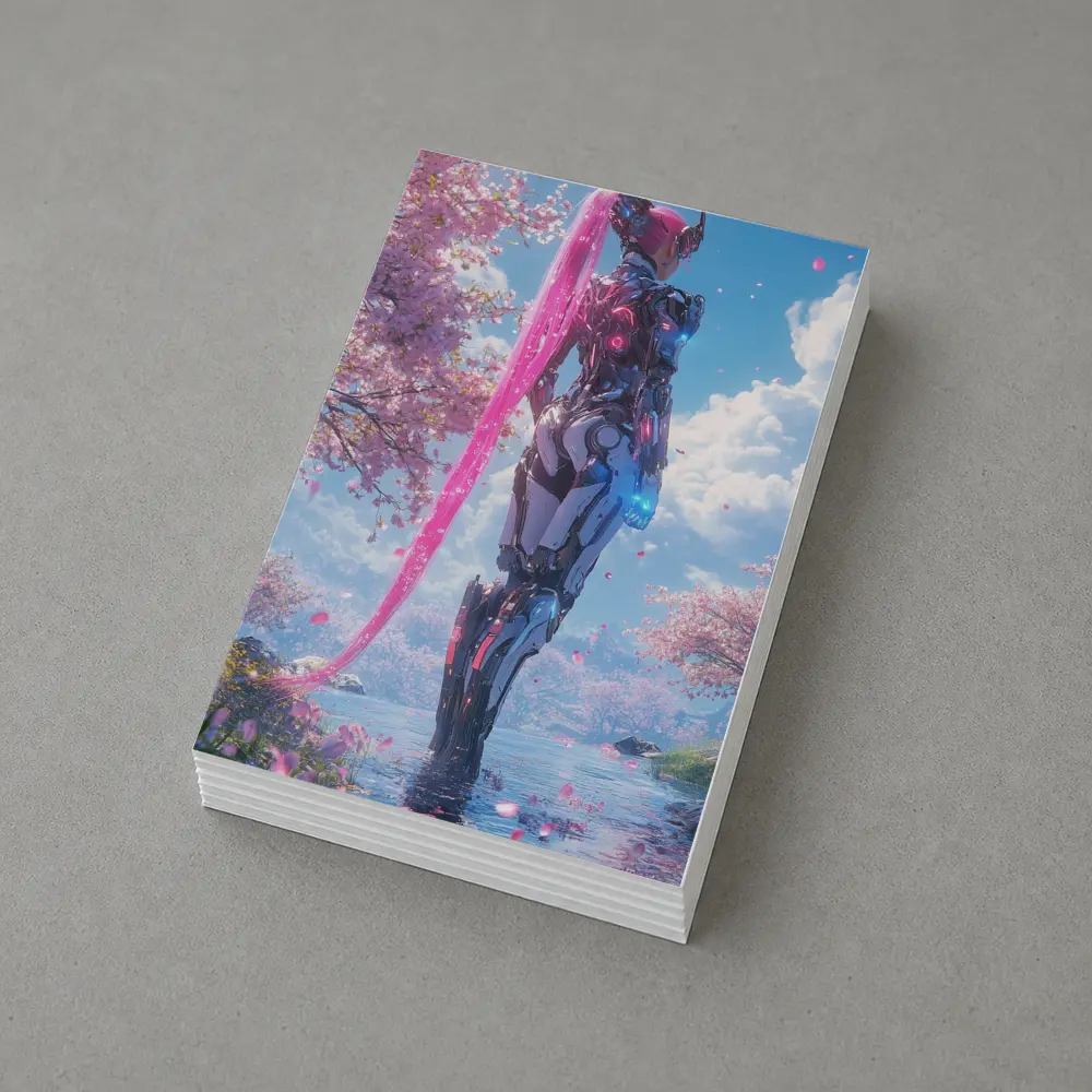 Cyberpunk Robot Girl Cherry Blossom Garden – Postcards