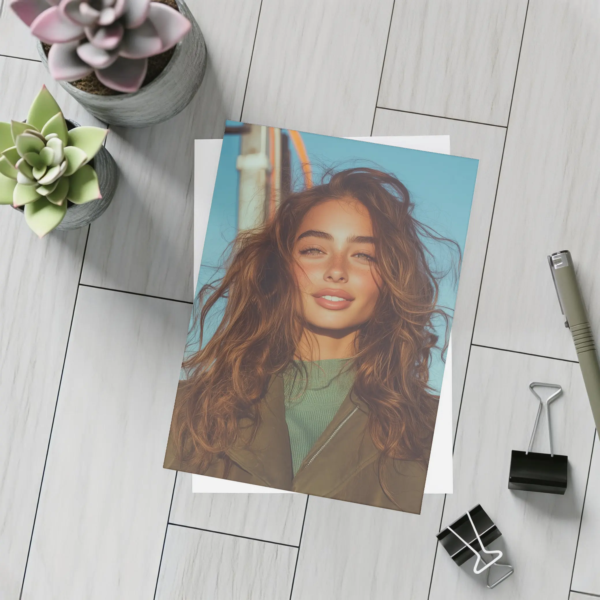 Young Woman Outdoors Blue Sky Portrait – Postcards