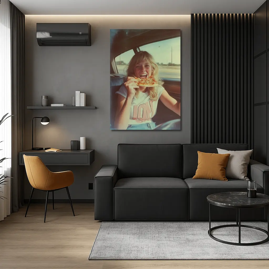 Retro Girl Eating Pizza In Car – Wall Art
