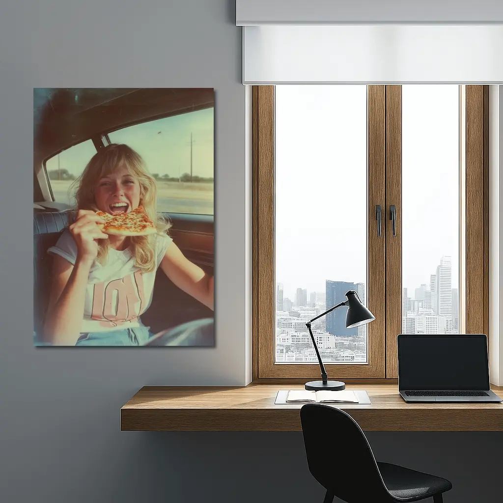 Retro Girl Eating Pizza In Car – Wall Art