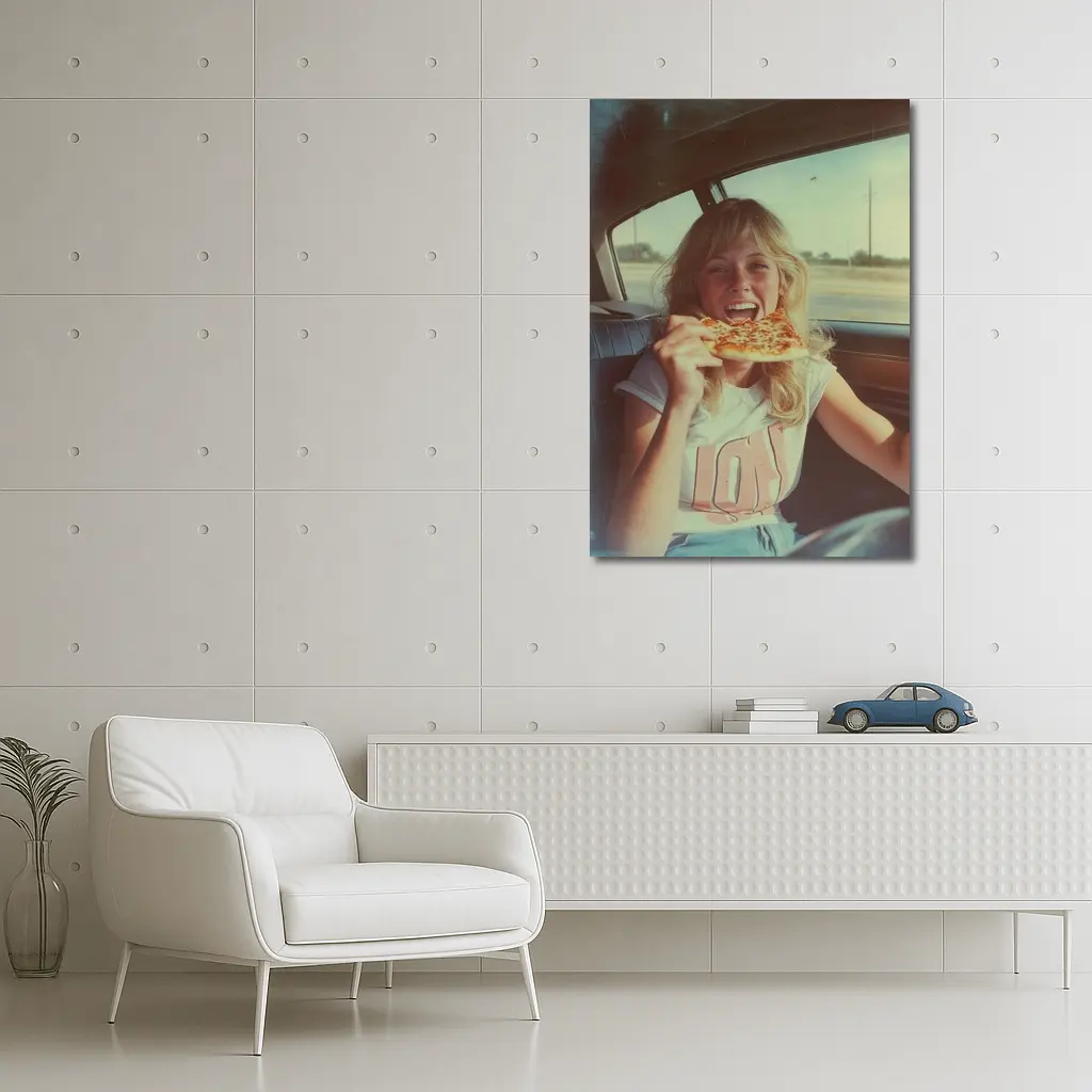 Retro Girl Eating Pizza In Car – Wall Art