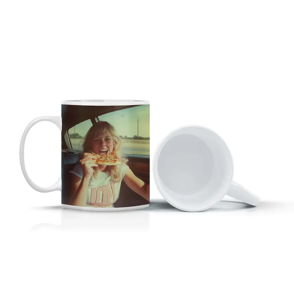 Retro Girl Eating Pizza In Car – Mugs