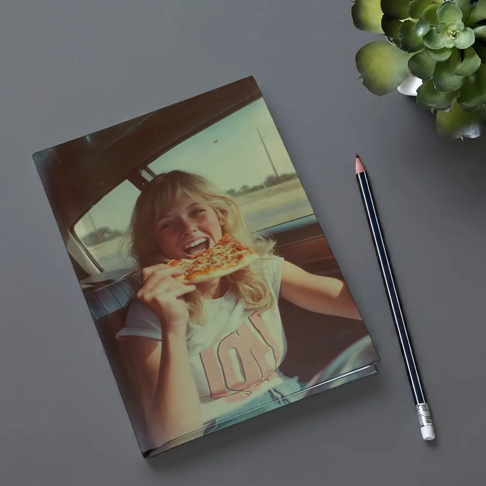 Retro Girl Eating Pizza In Car – Notebooks