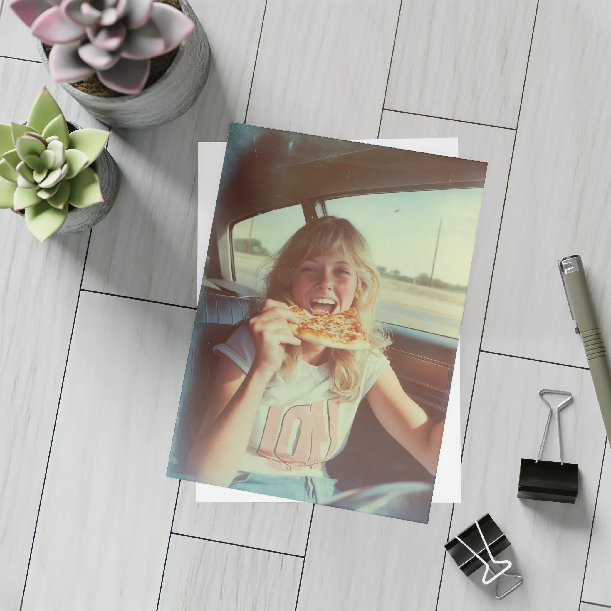 Retro Girl Eating Pizza In Car – Postcards