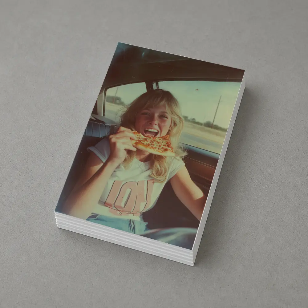 Retro Girl Eating Pizza In Car – Postcards