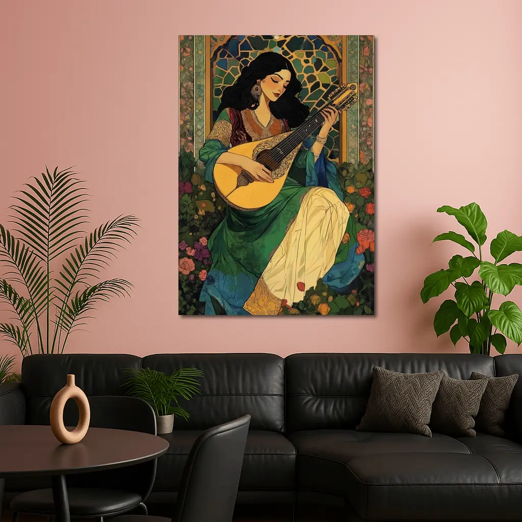 Woman Playing Lute Art Nouveau Floral – Wall Art