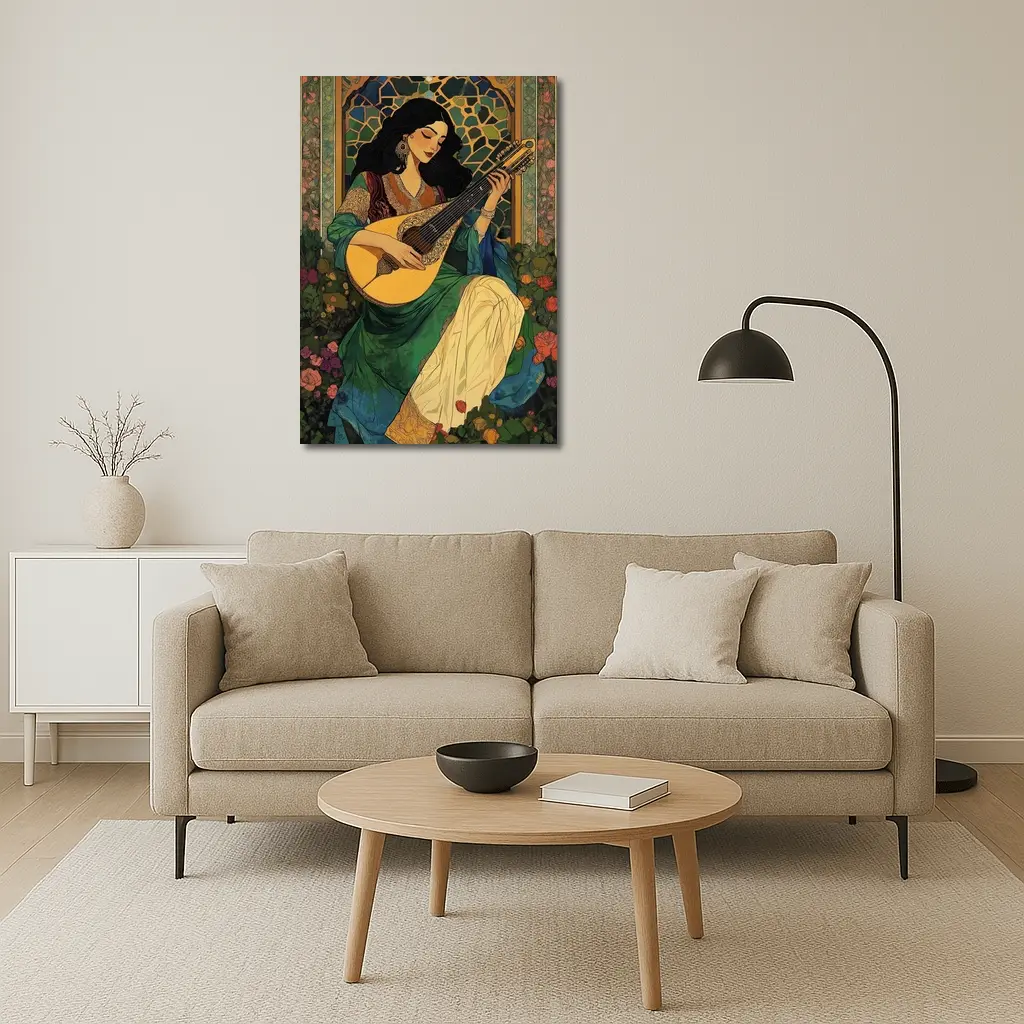 Woman Playing Lute Art Nouveau Floral – Wall Art