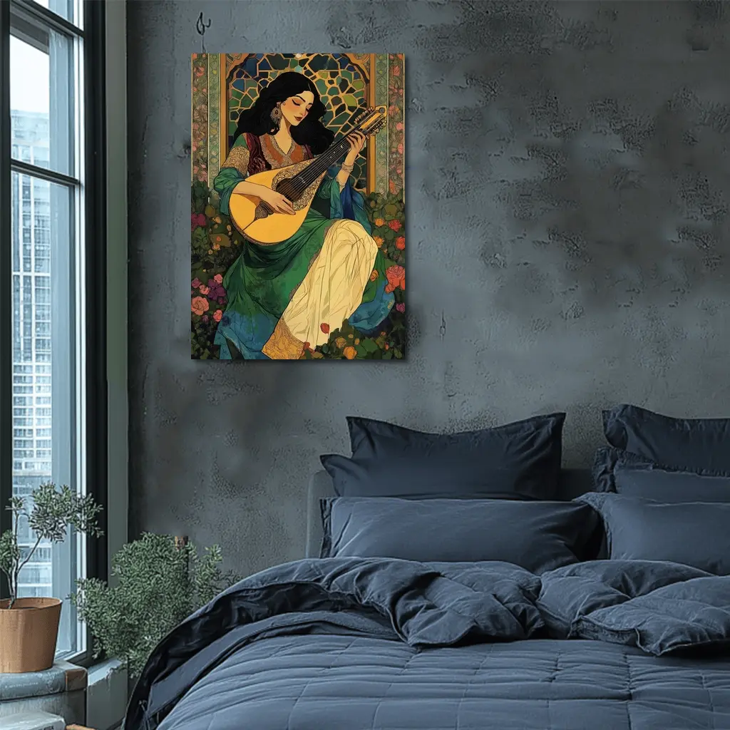 Woman Playing Lute Art Nouveau Floral – Wall Art