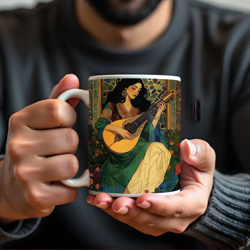 Woman Playing Lute Art Nouveau Floral – Mugs