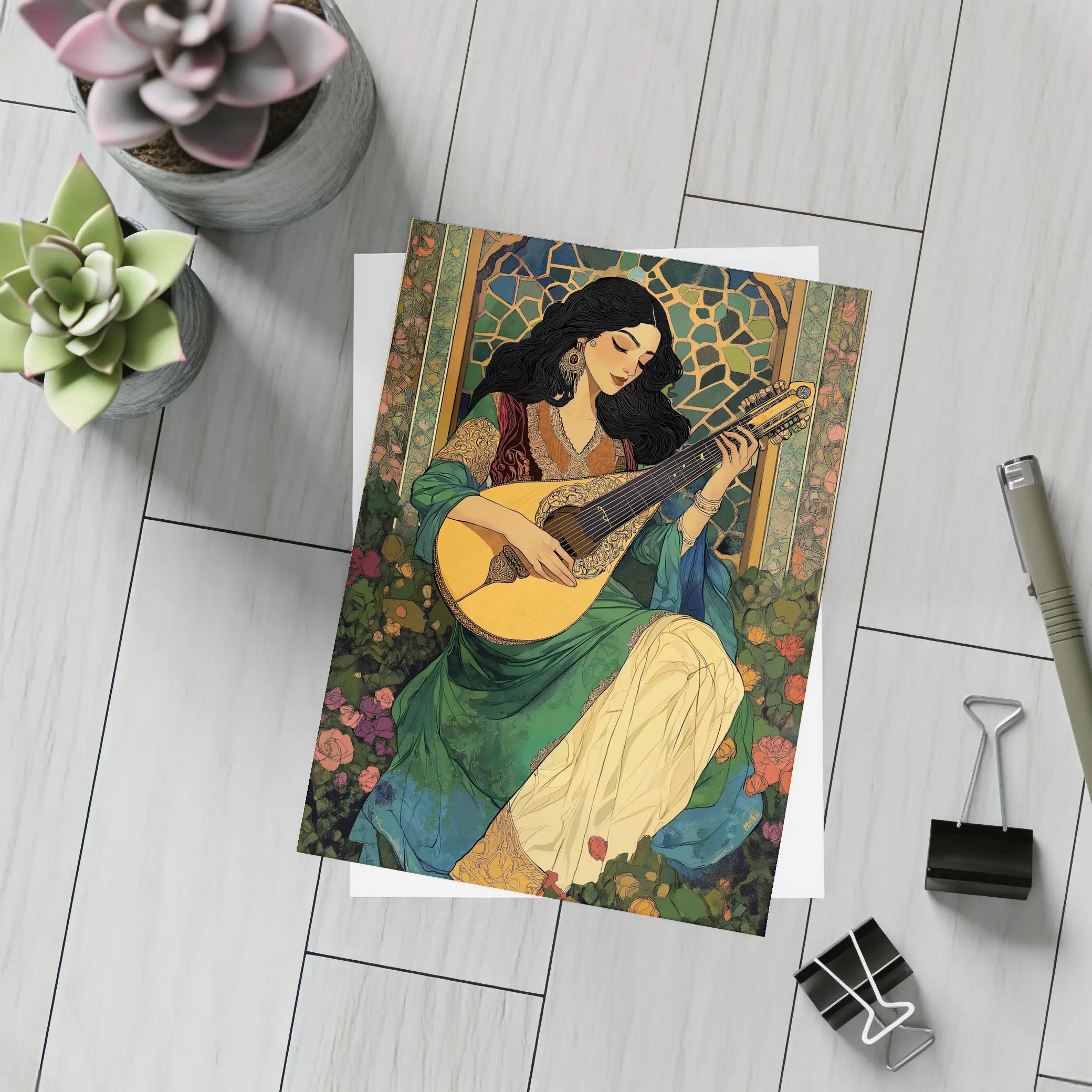 Woman Playing Lute Art Nouveau Floral – Postcards