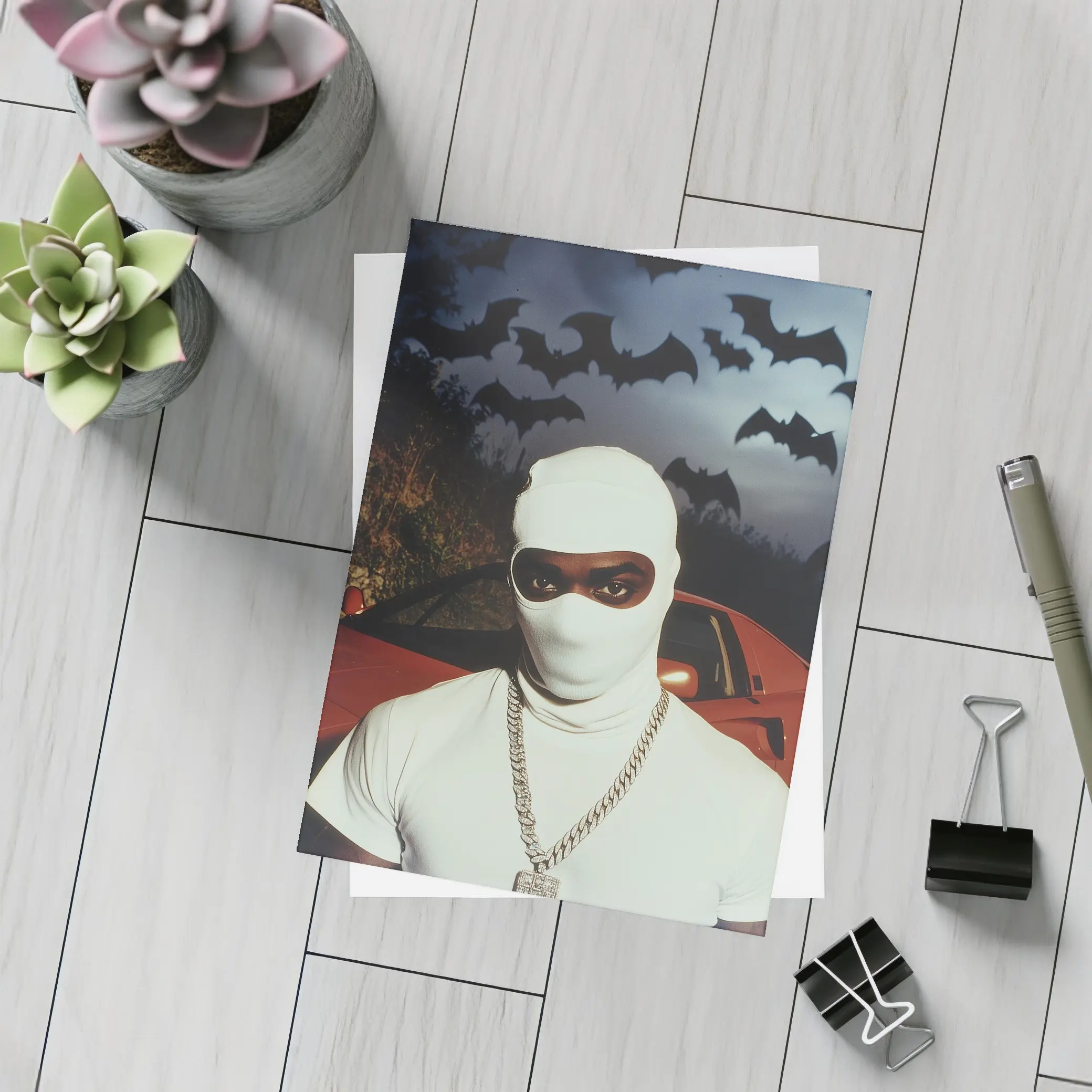 Masked Man Red Ferrari Bats Night – Postcards