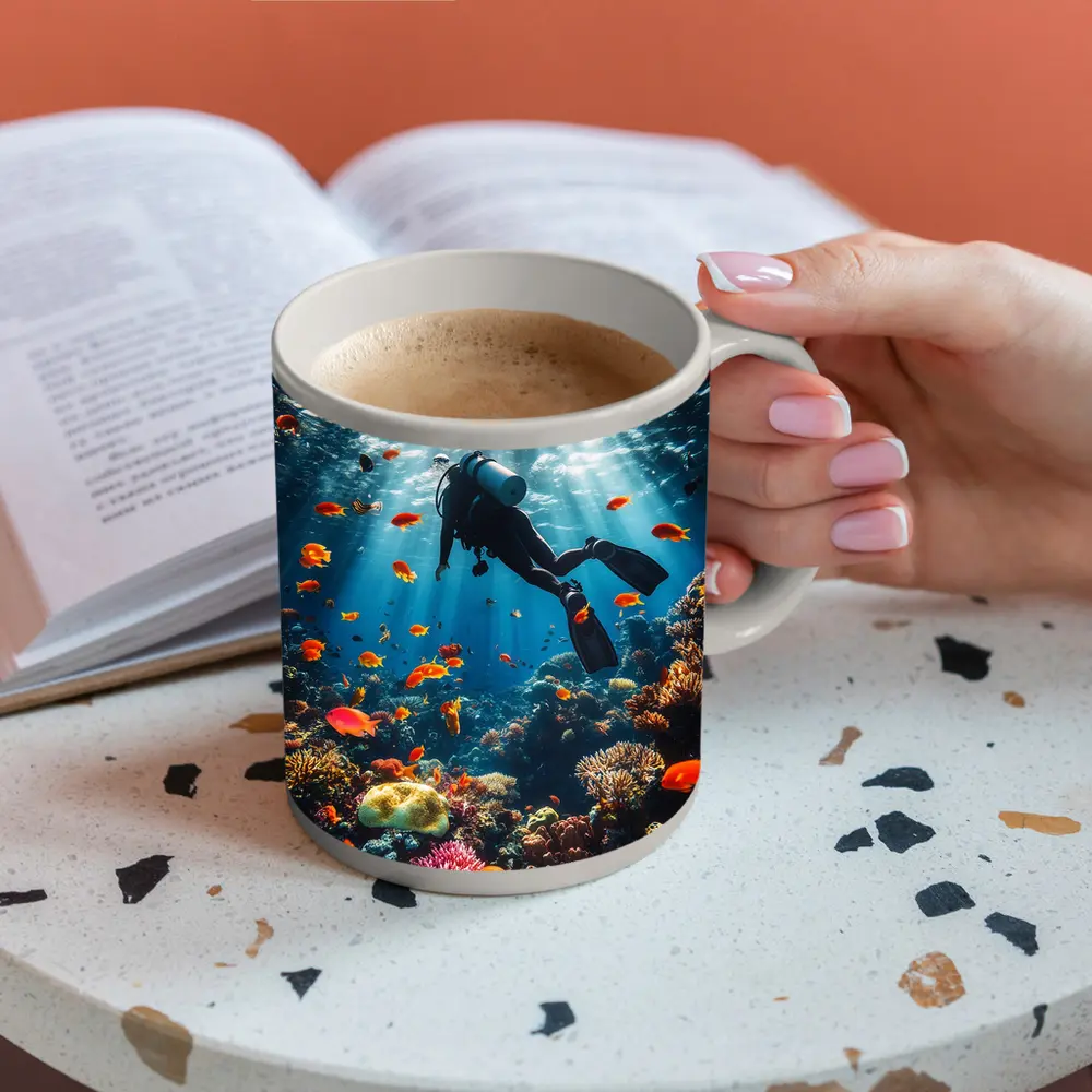 Scuba Diver Over Tropical Coral Reef – Mugs