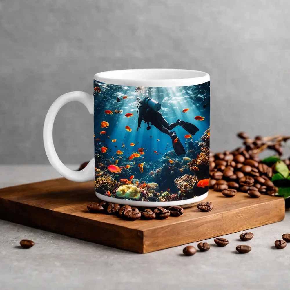 Scuba Diver Over Tropical Coral Reef – Mugs