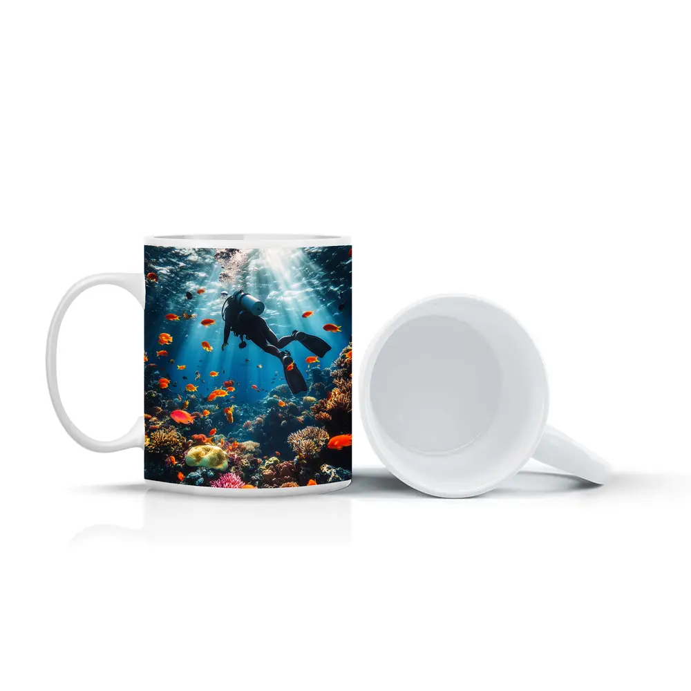 Scuba Diver Over Tropical Coral Reef – Mugs