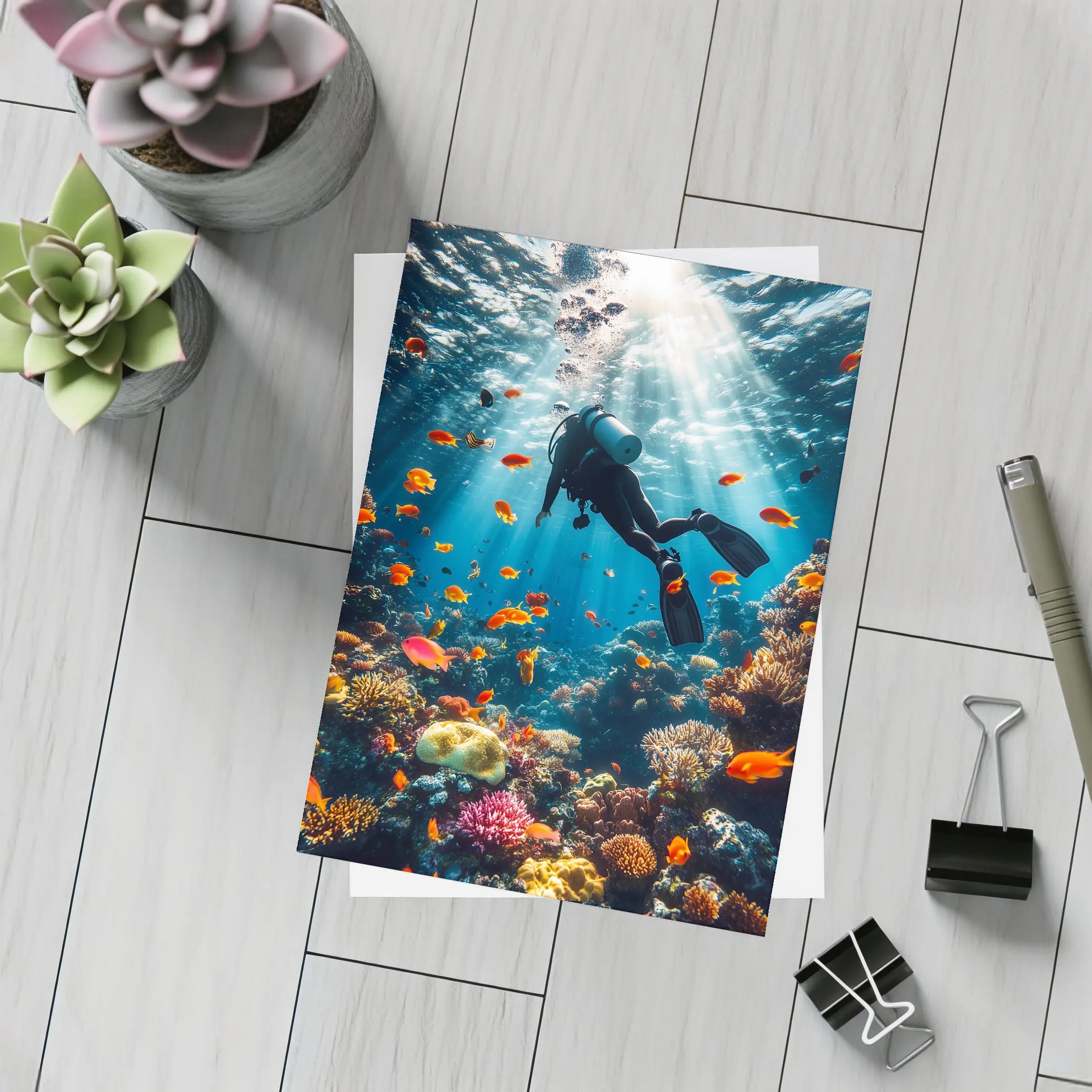 Scuba Diver Over Tropical Coral Reef – Postcards