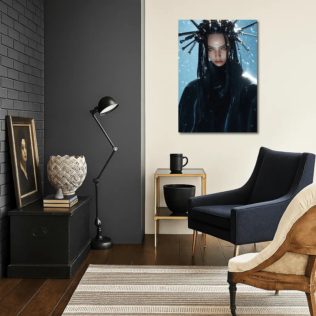 Cyberpunk Woman Mechanical Crown Snow Background – Wall Art