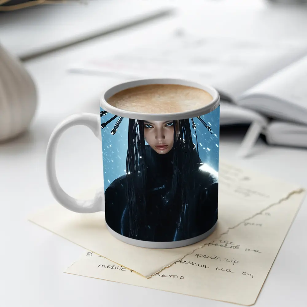 Cyberpunk Woman Mechanical Crown Snow Background – Mugs